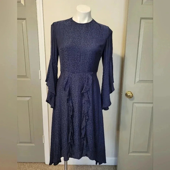 Great Jones Navy Blue Jacquard Leopard Printed Ruffle Bell Sleeves Midi Dress(4) - Picture 2 of 10